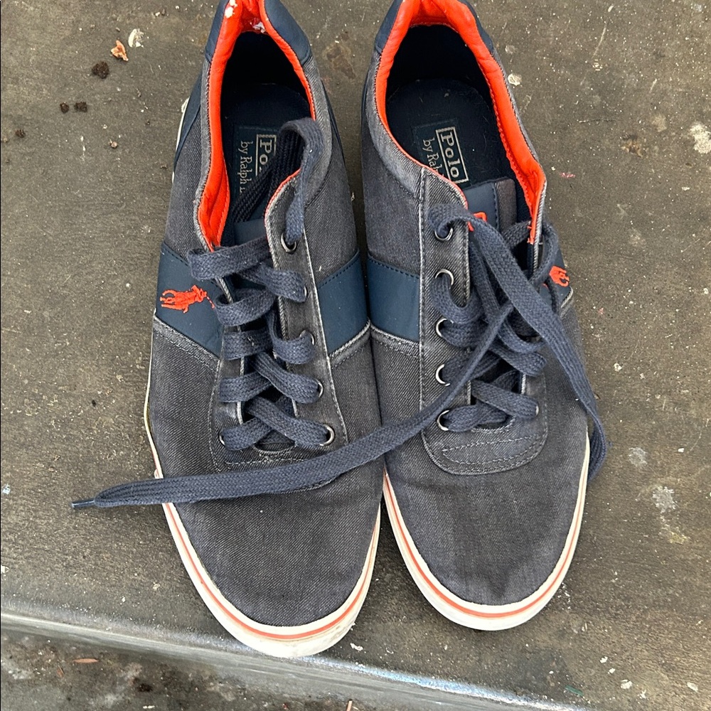 Polo by Ralph Lauren Men’s Navy Canvas Sneakers with Orange Trim